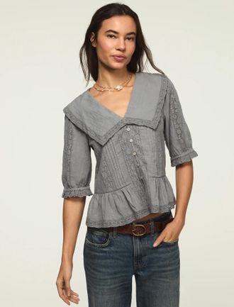 Lucky Brand Womens Peter Pan Peplum Blouse