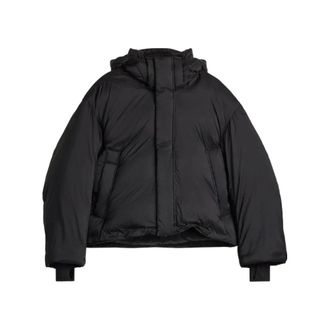 Yohji Yamamoto Jassen, Dames, Zwart, M, Leer, Hooded Puffer Jacket