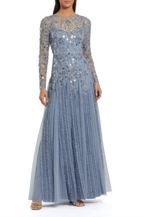 Mac Duggal Embellished Mesh Long Sleeve Ruffle hem Gown in Slate Blue at Nordstrom, Size 16