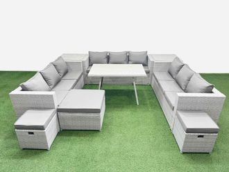 Fimous 12 Seat Patio PE Rattan Garden Furniture with 2 Side Tables 3 Stool in Light Grey