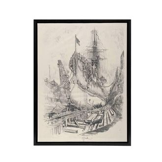 Artery8 Joseph Pennell Large Warship In the Dry Dock Framed Canvas Art Print in Grey | Size: W24 x H32
