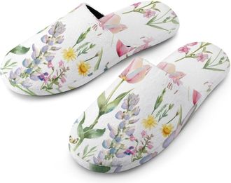 Generic Flowers Tulip Butterflies Warm Mens Slippers Slip On Soft Fleece House Shoes Winter Indoor Outdoor
