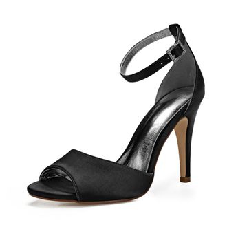 Generic Wedding Shoes Womens Heels High Heels Satin Bridal Shoes Stiletto Ankle Strap Open Toe High Heels Sandals10.5 Cm,Black,4 UK