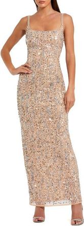 Mac Duggal Sequin Embellished Square Neck Sleeveless Column Gown in Nude Silver at Nordstrom, Size 10