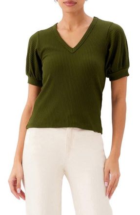 Karen Kane Puff Sleeve Rib V-Neck Top in Olive at Nordstrom, Size X-Large