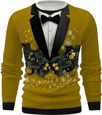 Generic Christmas Jumper Mens 3D Digital Print Ugly Jumper Reindeer Christmas Blouse Knitted Slim Fit Sweatshirt Crew Neck Long Sleeve Sweater Novelty Xmas Mo