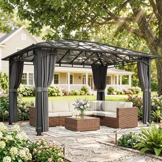 OUTSUNNY 3 x 4 m Hardtop Gazebo with PC Roof, Aluminium Frame, Dark Grey | Size: 3m x 4m