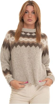 Woolrich Tile Print Oversize Pullover - Dames - Ronde hals truien - Bruin - XS - Wol - Truien & Vesten