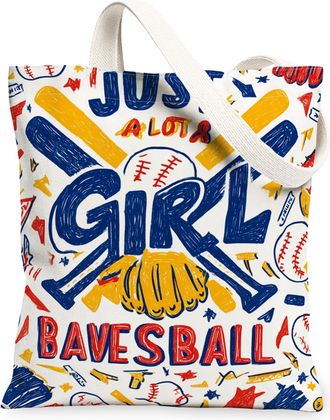 Generic Baseball Print Canvas Tote Bag, Fun Sports Design Lightweight Reusable Shopping Bags, Summer Stylish Washable Shoulder Stra, White, 13x15 Inch