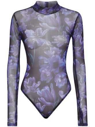 Philipp Plein floral-print long-sleeved bodysuit - women - Polyester - S - Black