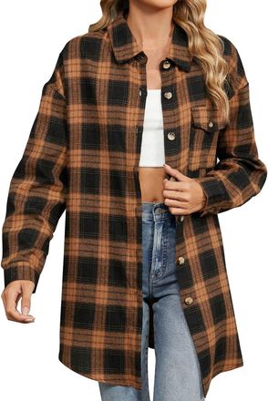 Generic Womens Flannel Plaid Long Shacket Jacket Casual Button Down Tartan Trench Coat Pockets Oversized Long Sleeve Shirts Brown