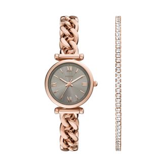 Fossil Womens Carlie Mini 28mm Three-Hand, Rose Gold-Tone Stainless Steel Watch and Bracelet Set