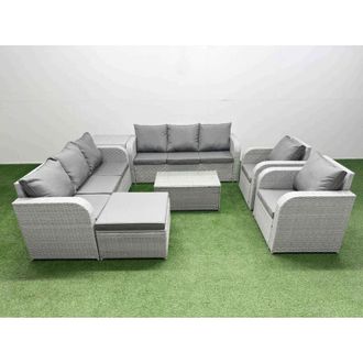 Fimous Pe Rattan High Back Lounge Sofa Set Patio Coffee Table & Chairs Set with 3 Seater Sofa Reclining Chair Big Footstool Side Table Light Grey - Fimous