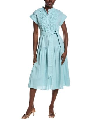 Gracia Embroidered Lace Bib Linen-Blend Midi Dress