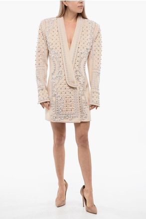 Balmain Long Sleeved Blazer-Dress Embellished with Rhinestones and B size 44
