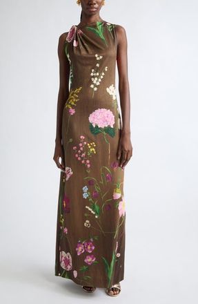 Oscar De La Renta Mixed Botanical Milano Jersey Dress in Brown Multi at Nordstrom, Size 12