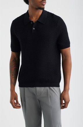 Open Edit Texture Knit Polo Top in Black at Nordstrom, Size Xx-Large