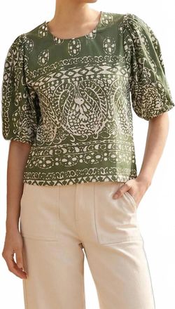 Fifteen Twenty Rosie Puff Sleeve Top In Green/off White Print
