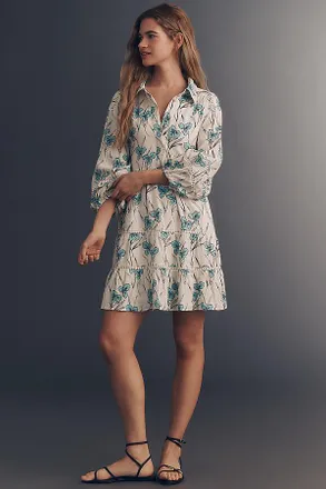 Maeve The Bettina Linen Blend Tiered Mini Shirt Dress by Maeve