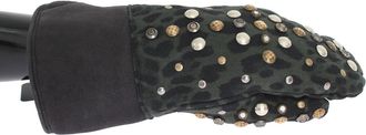 Dolce & Gabbana Mens Leopard Print Studded Gloves - Dark Grey Wool - One Size