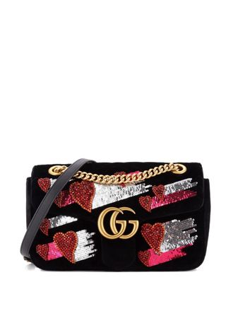 Gucci GG Marmont Flap Bag Embellished Matelasse Velvet Small crossbody bag - women - Velvet - One Size - Black