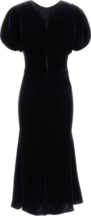 Victoria Beckham Velvet Puff-Sleeve Dress - Navy