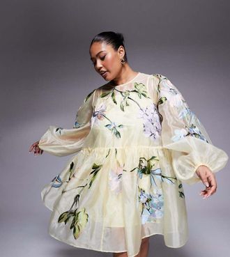 Asos Curve oversized organza mini smock dress with floral embroidery in buttermilk-Yellow