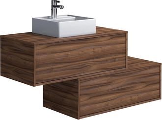 Vente-Unique Mueble de ba&ntilde;o suspendido en tono oscuro natural con lavabo sencillo y dos cajones - 94 cm - TEANA II