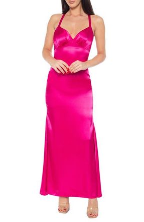 Jump Apparel Strappy Back Satin Charmeuse Gown in Fuchsia at Nordstrom, Size 10