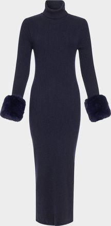 Ramy Brook Linda Ribbed Turtleneck Dress with Faux Fur Trim