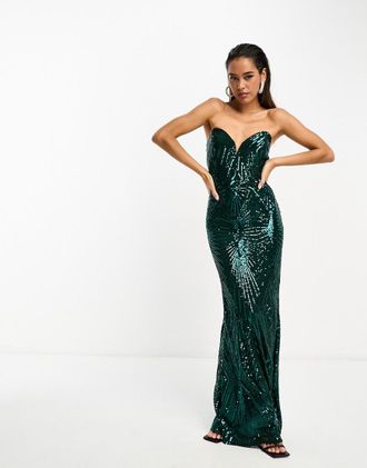 Tfnc Vestito lungo a fascia verde smeraldo con paillettes