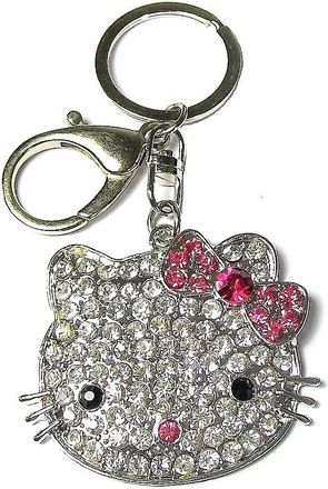 Generic Cat Face Keyring Crystal Diamante Pink Bow Kitten Kitty Handbag Bag Charm Keychain Birthday Gift for Women Girls Ladies,Pink, Silver,One Size