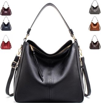 Generic Vintage PU Vegan Leather Handbags and Purse Sets for Women Fashion Tote Hobo Bags Shoulder Satchel Handbag Zip Wallet, A-black