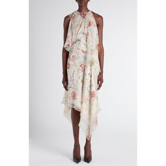 Alexander McQueen Meadow Floral Print Asymmetric Silk Chiffon Dress in White at Nordstrom, Size 10 Us