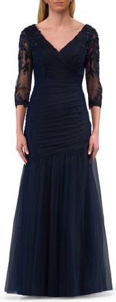 La Femme Tulle Evening Gown with Trumpet Skirt and Lace Illusion Sleeves in Navy at Nordstrom, Size 12