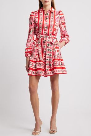 Anne Klein Tiered Tie Waist Long Sleeve Dress in Poppy Multi at Nordstrom, Size 0
