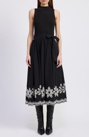 En Saison Isidora Embroidery Detail Mixed Media Midi Dress in Black at Nordstrom Rack, Size Medium
