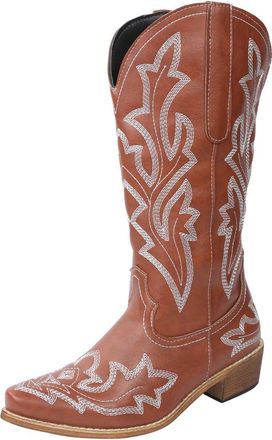 Generic Wide Fit Cowboy Ankle Boots for Women Embroidered Pointed Toe Chunky Retro Slip On Mid-Heels Western Cowgirls Boots Retro Leather Western Cowboy Knee 