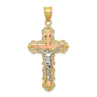 Diamond2Deal 14K Tri-color Gold Diamond-cut Crucifix Pendant