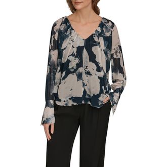 DKNY Long Sleeve Drape Top in Nightfall Multi at Nordstrom, Size X-Large