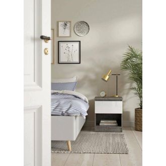 Dmora Dmora - Mesa De Noche Annette, C&oacute;moda Baja, Mesilla De Noche, Estante De La Cama, 40x40 H50 Cm, Cemento Y Blanco Brillante