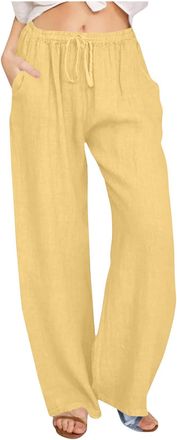 Generic Womens Cotton Linen Trousers Summer Casual Elastic Waist Drawstring Comfort Wide Leg Straight Pants Sale Clearance Ladies Solid Full Length Yoga Fitne