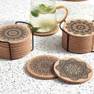 OEM 12 Posavasos De Corcho Con Soporte Vasos Estampado Mandala: Protecci&oacute;n Elegante Natural Tu Mesa, Duraderos, Antideslizantes Resistentes Calor