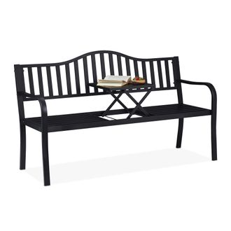 Relaxdays Relaxdays Banco Jard&iacute;n Con Mesa Plegable, 3 Plazas, Estable, Decoraci&oacute;n Jard&iacute;n Exterior, 89 X 150 X 58,5 Cm, Negro