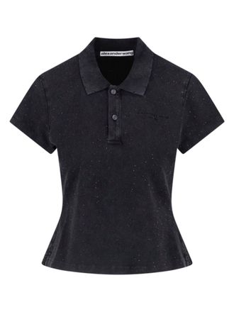 Alexander Wang Black Crystal Shrunker Cropped Cotton Polo Shirt