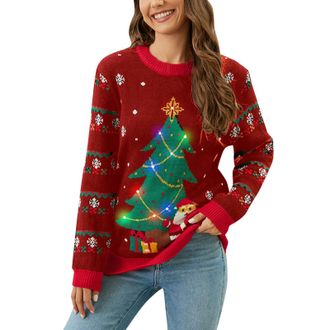Generic OUMSHBI Light Up Christmas Sweater For Women Santa Claus Tree Printed Ugly Funny Jacquard Ladies Jumpers Casual Crewneck Long Sleeve Knitted Knitwear 