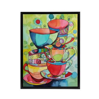 Artery8 Abstract Tea Cups Folk Art Kitchen Framed Canvas Wall Art Print | Size: W24 x H32