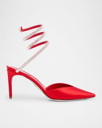 Rene Caovilla Snake Spiral-Wrap Strass Satin Pumps