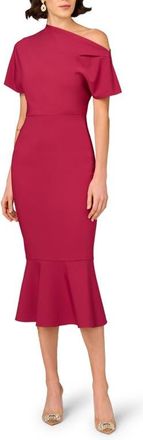 Aidan Mattox One-Shoulder Stretch Crepe Cocktail Midi Dress in Meritage at Nordstrom, Size 14