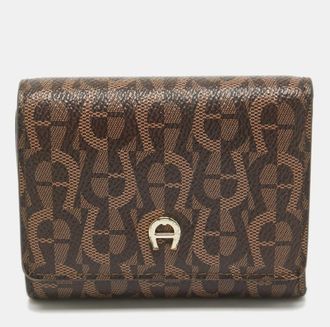 Aigner Dark Brown Monogram Coated Canvas Logo Trifold Wallet